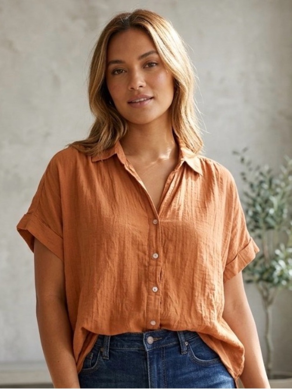 Jane + Delancey Burnt Orange Short Sleeve Button Down Hi-Low Gauze Blouse S